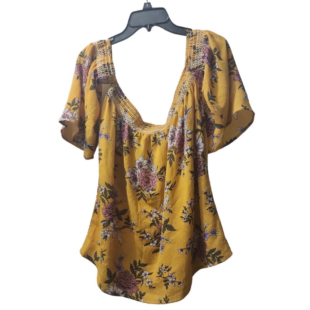 Blue Rain Floral Off Shoulder Top Smocked Neckline Yellow Blouse Size M